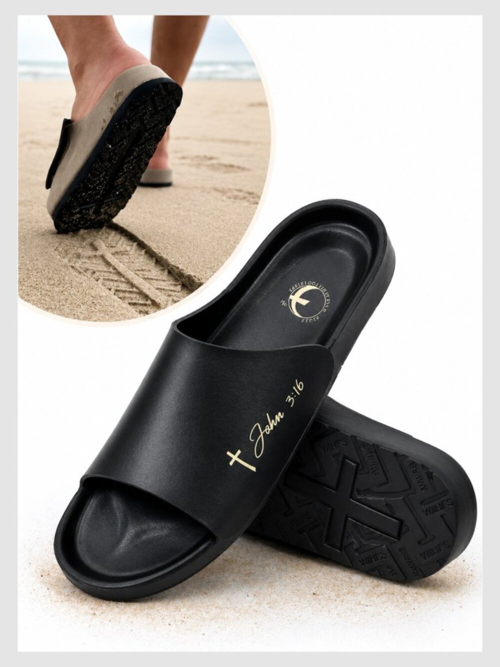 Walk In His Footsteps Revival Slides Black Cross Sole Sandals Size 12 - Picture 13 of 14